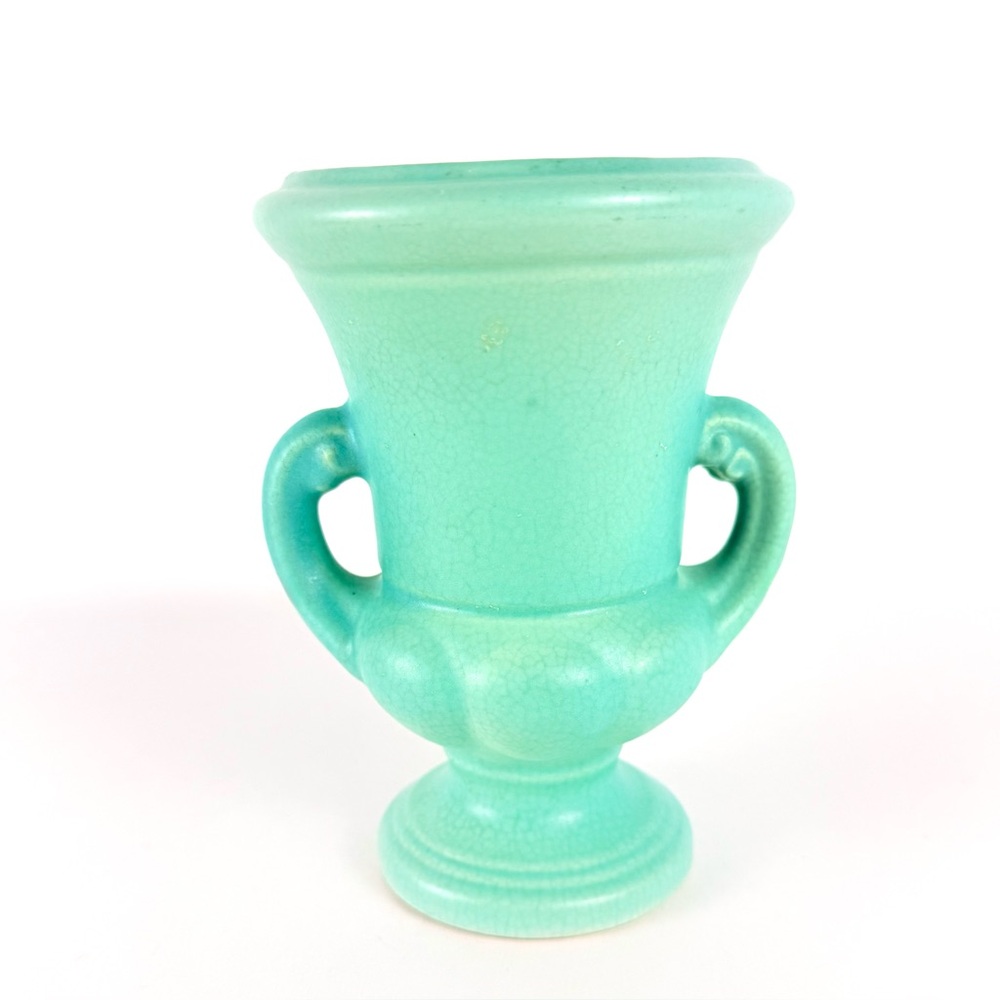 Antique Pottery Art Trophy Vase Small Aqua/Turquoise Handled 5.5x4x5 Inches - Picture 1 of 15